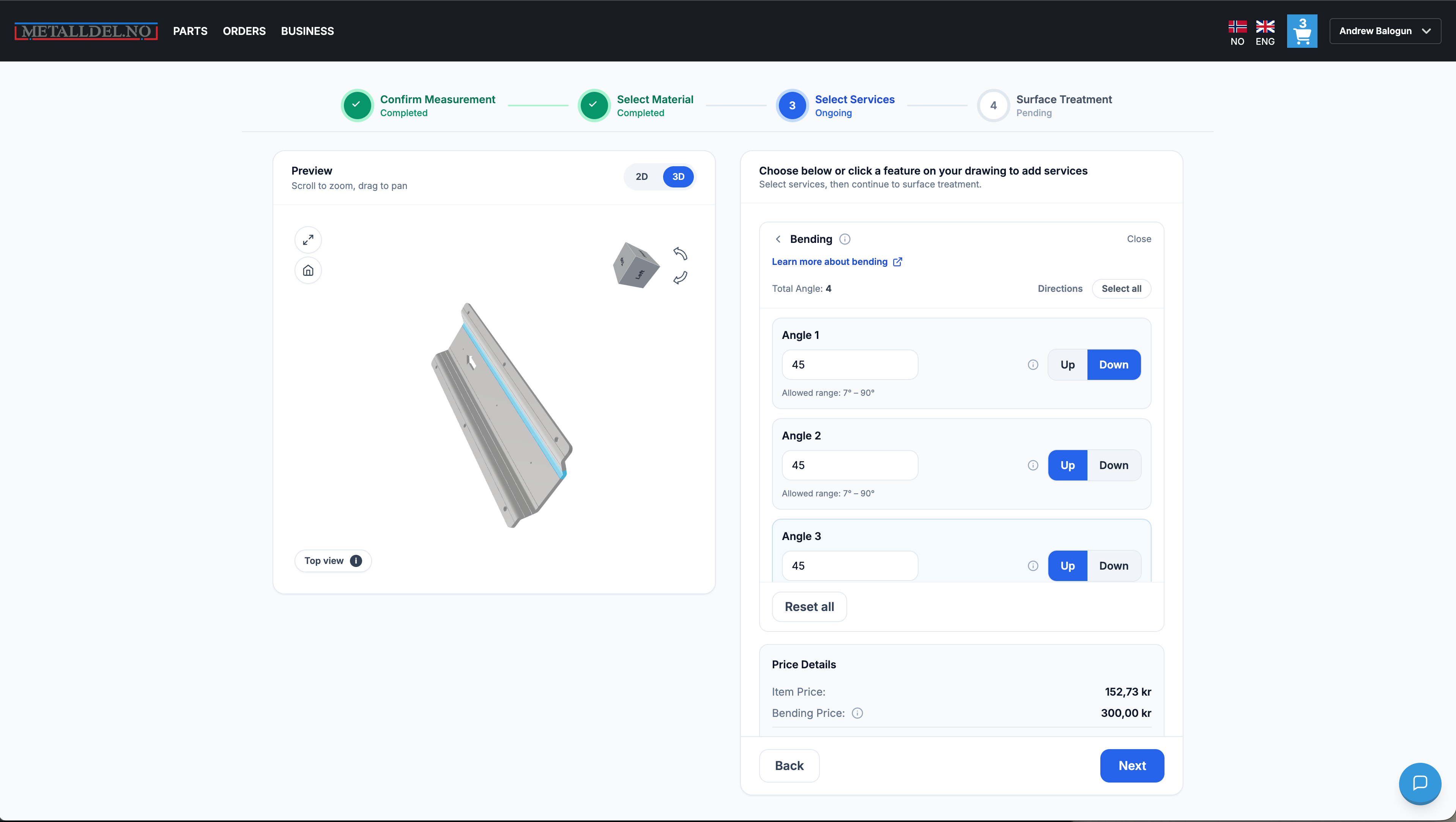 Folded part preview beside bend-angle and direction controls and a bending price breakdown in Metalldel.